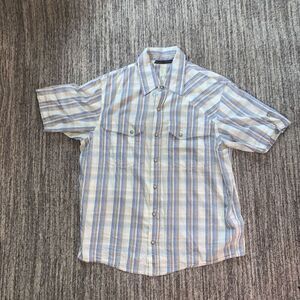 Mountain Hard Wear Men Size Medium Snap Button Shirt Blue Tan White Short Sleeve